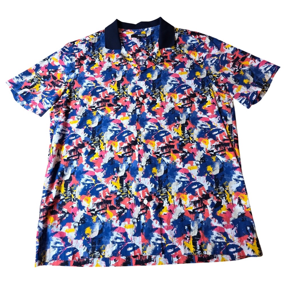 Murano Slim Fit Men's Large Abstract Colorful Short Sleeve Button-Up Shirt
